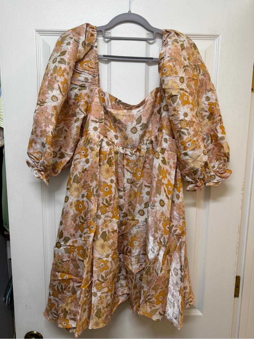 Floral Satin Puff-Sleeve Mini Dress in Mustard & Blush